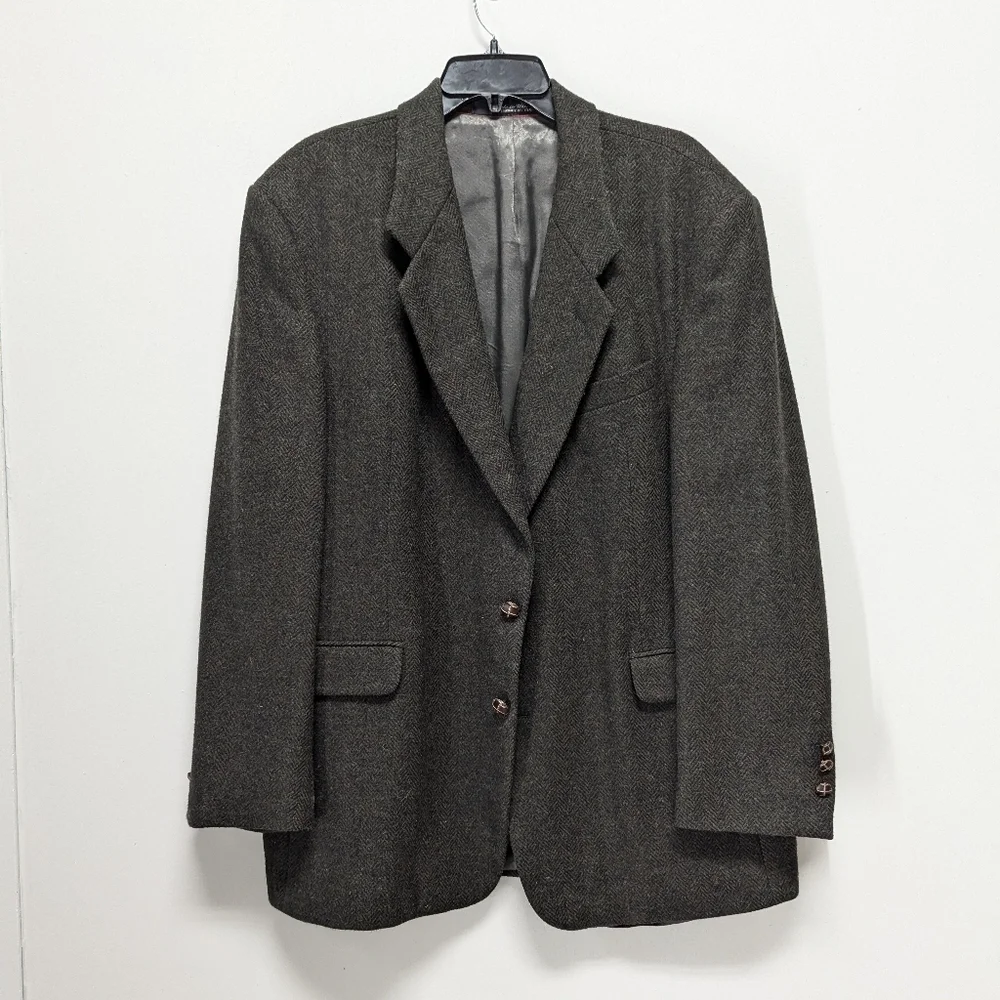 Vintage Brown & Olive Wool Tweed Herringbone Blazer 44R  Leather Buttons